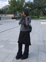 [Muffler Set/Fake Layered] チャドストライプレイヤードショートスリーブニットTシャツセット