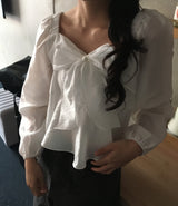 [New spring 🔥🌸/Recommendation for Guest Look] シラベンスクエアネックショルダーパフフリルリボンストラップブラウス 4 Colors フォーマルルック/ スイートガールルック