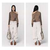 CONFUN Asymmetrical off-the-shoulder, laid-back and slimming base layer, striped knitted patchwork top
