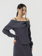 Scratch Cape Off-Shoulder Belted Shirt, Charcoal