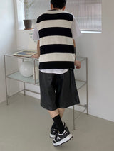 Stripe round neck knit vest 2C