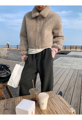 Mink collar short zip-up fur jumper jacket