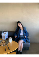 denim loose fit collar zip-up jacket two-piece (skirt set)