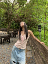 Pink stripe lace-up sleeveless t-shirt