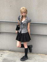 Ession Ribbon Puff V-Neck Check Shirt