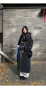 wool charcoal quilting toggle hooded long coat