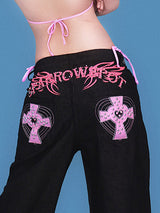 pink stone black denim pants