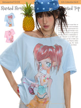 BETWEENAND Slouchy shoulder, lightweight, versatile short-sleeve T-shirt for women with cartoon girl print – summer version
