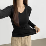 V-neck Side Shirring Point Daily Slim Fit Long-Sleeved T-Shirt