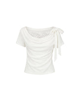 Lena Lace Boatneck Drape Ribbon Top Ivory