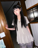 (2color) Eyelet Frill Tiered Rib Short Sleeve Tee