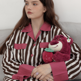 ストロベリー ミルク ローズ & ココア ストライプ パジャマ セット - 100% Cotton Sleepwear