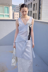 V-Neck Scarf-Set Dress (Blue Gray)