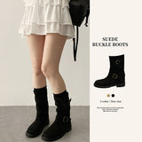 Natural Suede Buckle Middle Boots