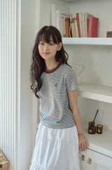 26SS★ Falling Cat Stripe Crop Short Sleeve Tee