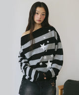 DAMAGED STAR STRIPE OFF SHOULDER KNIT BLACK(CV2GFFK620A)