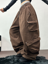FLEECE/STRING TWO CARGO RIVET WIDE BALLOON LONG PANTS💚🤎🖤🩶4COLOR