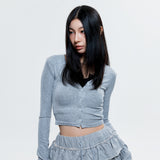 (DUC) V-Neck Crop Cardigan Gray