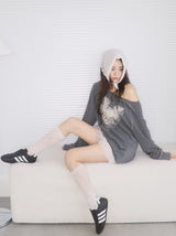 ローズエンジェルオーバーサイズフィットオフショルダーロングスリーブTシャツ