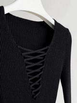Black Strap Point Long-Sleeved Slim T-Shirt