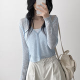 Eyelet See-through V-neck Cropped Cardigan (7 colors) #Salantem