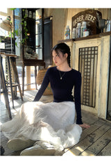 Back White Bow Long Sleeve Knit T-shirt