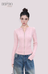 Round Zip-Up Twist Long Sleeve Knitwear