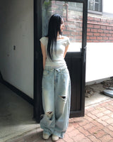 コーツ リバース ダメージ ワイド デニム パンツ