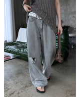 Gray washed damage wide pants