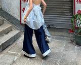 Lace Dark Denim Banded Waist Wide Pants