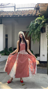 Red cherry checkered lace sleeveless long dress