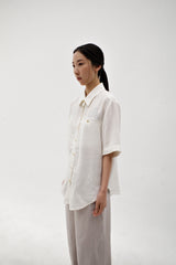 Linen crinkle half shirt, Ivory