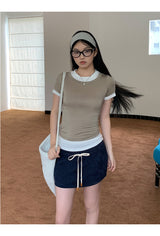 Navy drawstring terry mini skirt