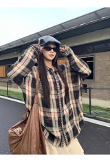 マルチチェックパターンルーズワイド長袖シャツ