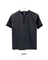 Yushi ストライプヘンリーネック半袖Tシャツ