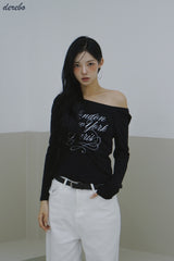 wide neck lettering normal fit long-sleeved T-shirt