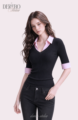 Pink black steady collar V top