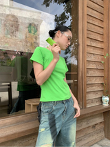 Color Back Strap Round Short Sleeve T-shirt