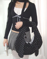 Bunny Ribbon Hobo Bag _ Black Polka Dot
