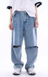 Retro waist hook cut-out denim pants