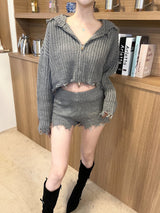 1418. Knit damage hood zip-up (3color)