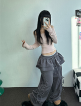 FLEECE PICKABLE❤RIBBON CANCAN BOOTSCUT WIDE 2 STYTLE PANTS🖤🩶🤎💛5COLOR