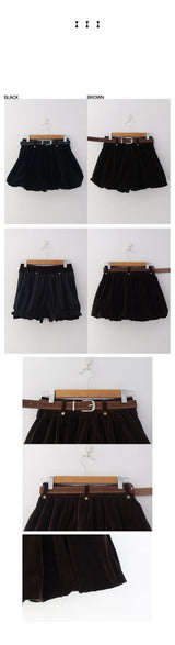 VELOUR BALLOON MINI SKIRT WITH STITCH BELT SET (BLACK)