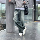 LMN Celine Wide Brush Pintuck Denim Pants (Gray blue)