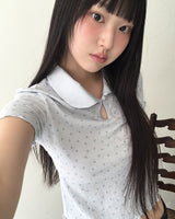 ソミングフラワーラウンドカラーフリルショートスリーブTシャツ