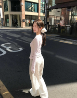 薄手フラワースクエアスリーブレストップス
