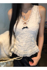 Best Lace V-neck Frill Sleeveless T-shirt