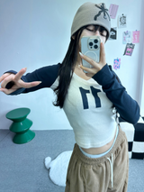 VネックデニムクロッププリントロゴスリーブT💚💙 - 2 カラーズ