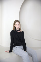 Drape Shirring Muffler T-shirt Black