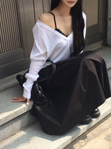 Curly Flare Cotton Banding Long Skirt